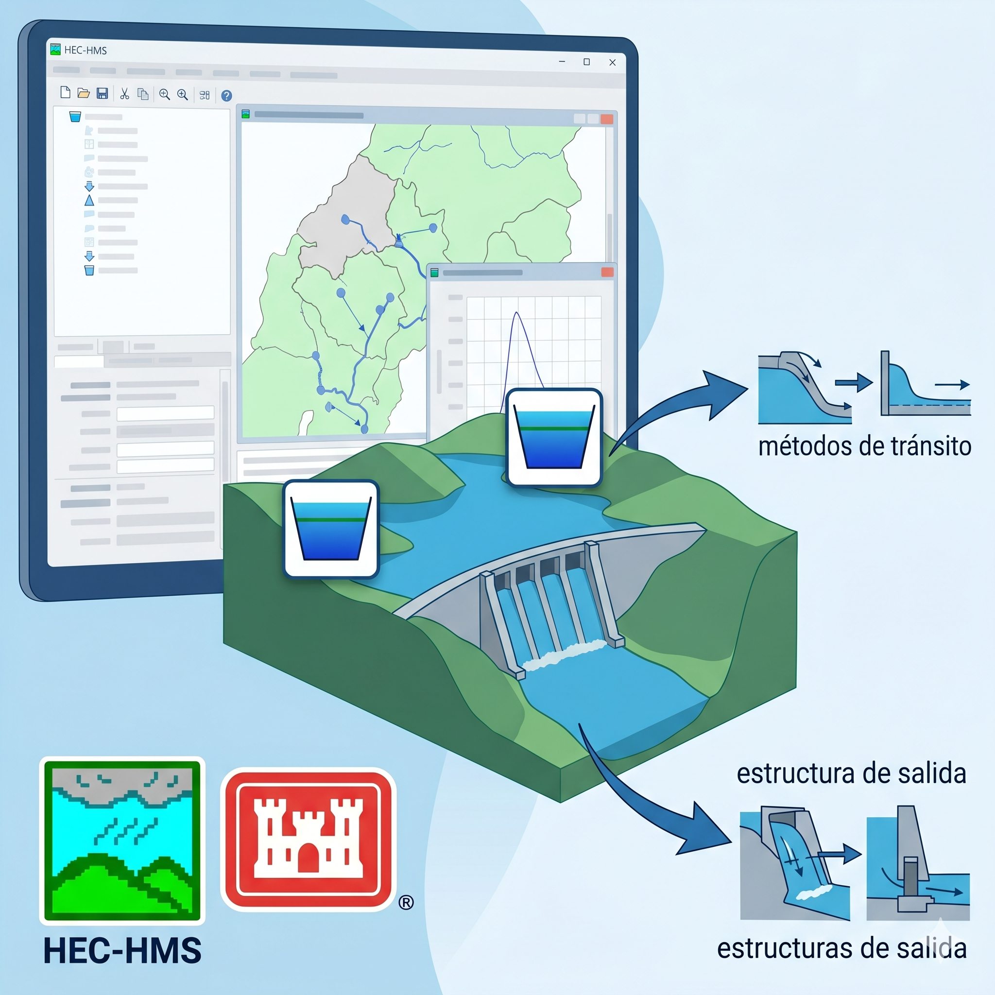 Modelación de embalses y reservorios en HEC-HMS: métodos de tránsito y estructuras de salida